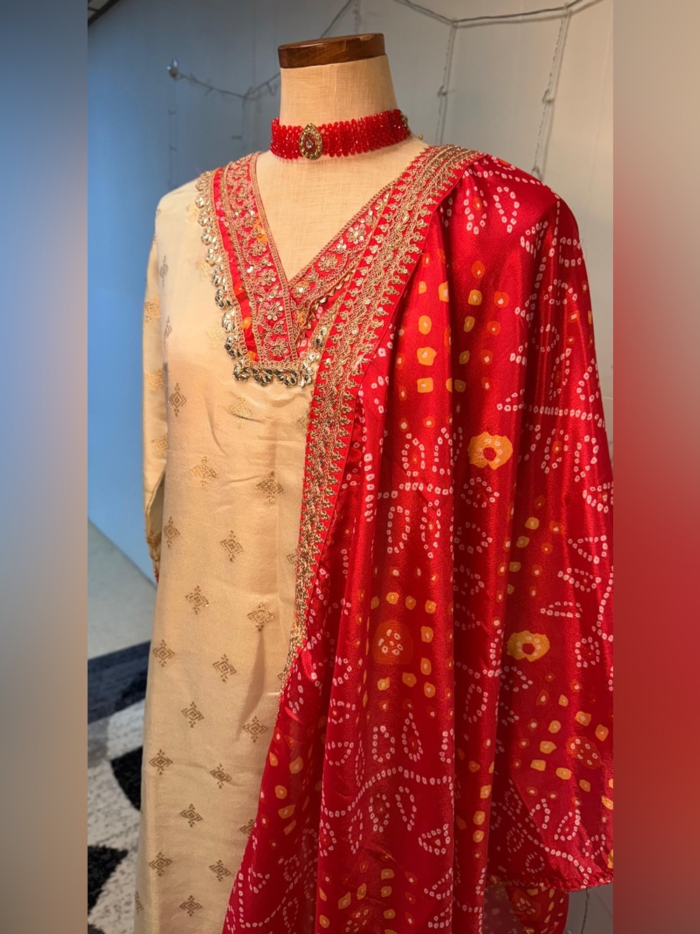 Elegant Women's Cream Kurta with Red Bandhani Dupatta